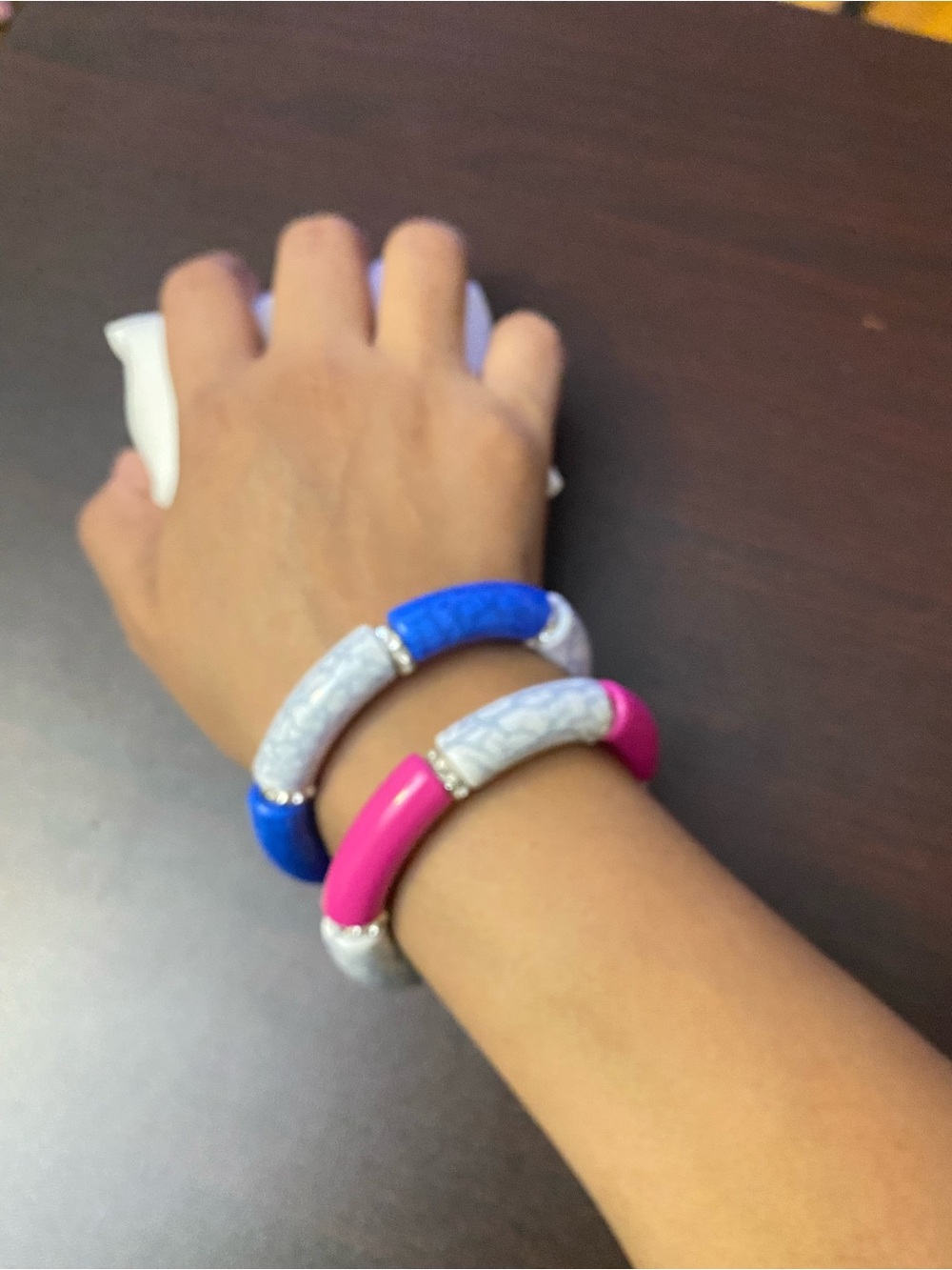 Handmade Bangle Bead Stretch Bracelet Set - Pink, Blue & White